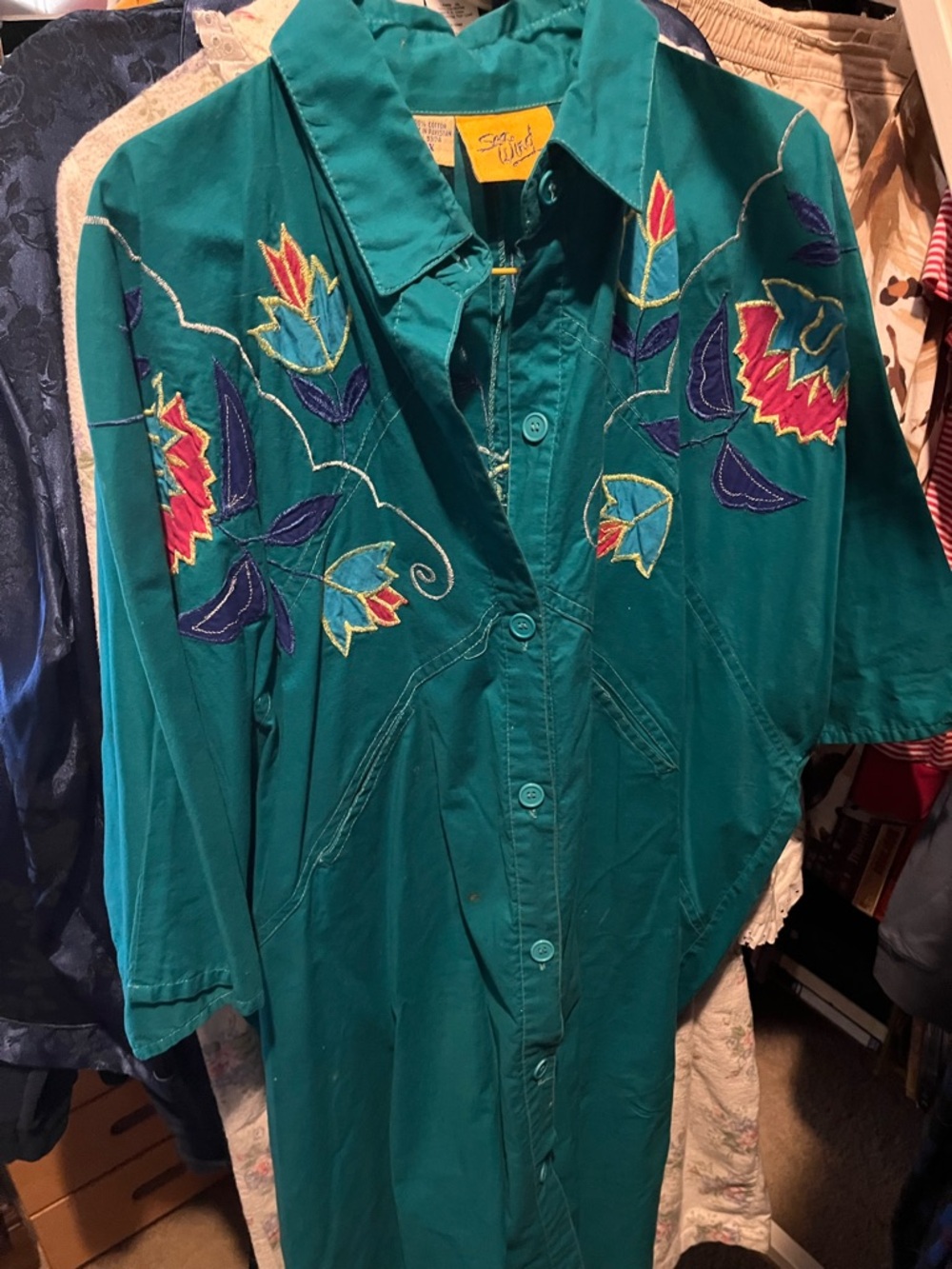 Teal Embroidered Button-Up Dress with Floral Detail. 1X